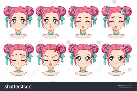 Set Cute Anime Girl Different Expressions Stock Vector (Royalty Free ...