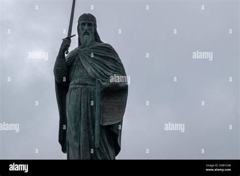King Stefan Nemanja statue in front of old railway station in Belgrade ...