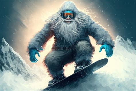 Bigfoot Snowboarding Yeti Riding Snowboard Stock Illustration