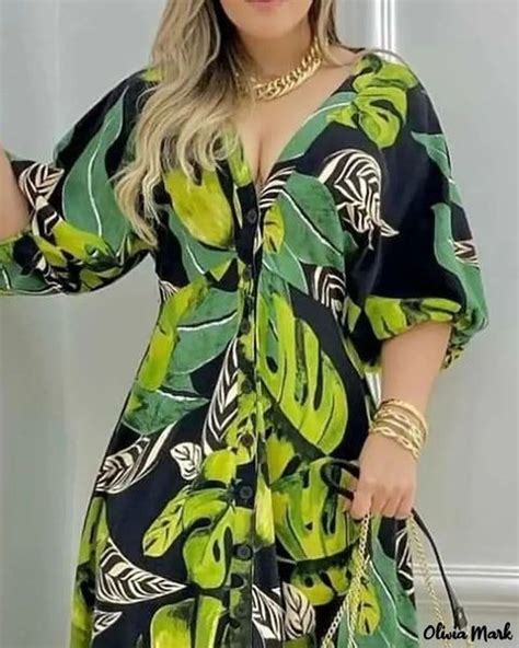 Olivia Mark Lantern Sleeve Palm Leaf Print Maxi Dress In