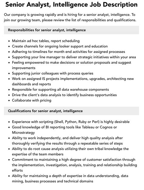 Senior Analyst Intelligence Job Description Velvet Jobs