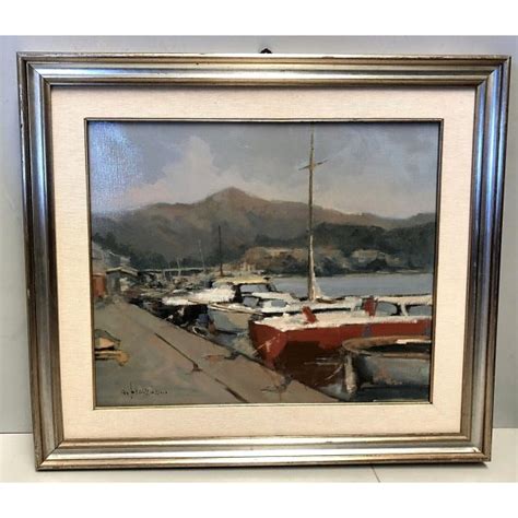 QUADRO DIPINTO OLIO TELA PAESAGGIO MARINA PONTILE PORTO BARCHE GOLFO