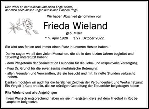 Traueranzeigen Von Frieda Wieland Schwaebische De Trauerportal