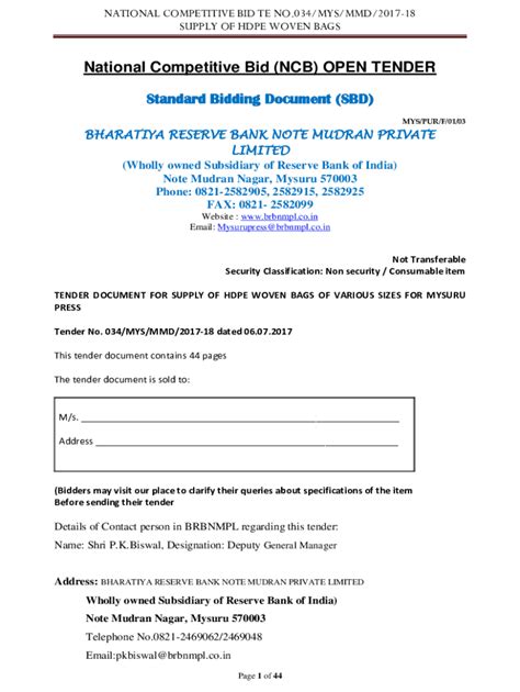 Fillable Online National Competitive Bidding Ncb Open Tender Fax Email