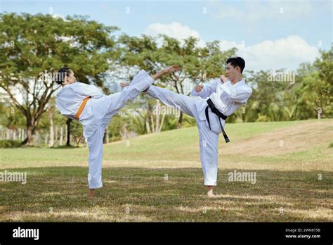 Fighting Taekwondo Athletes Doing Side High Kick Stock Photo Alamy