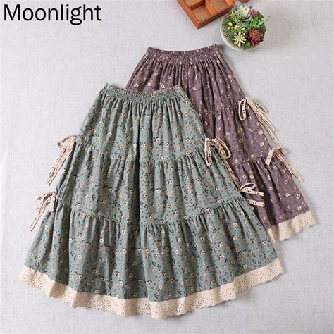 Japanese Mori Girl Literary Floral Skirts For Women Vintage Splicing