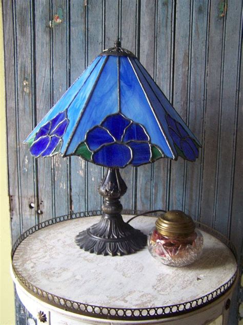 Stain Glass Lamp Vintage Find Handmade Shades Of Blue Antigue Etsy Stained Glass Lamp Shades