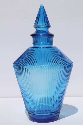 Mcm Vintage Blue Glass Decanter Bottle And Stopper Prismatic Ribbed Glass Apothecary Jar