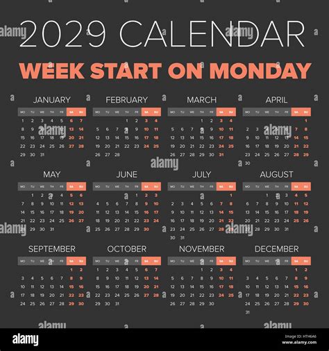 Simple Year Calendar Week Starts On Monday Stock Vector Image