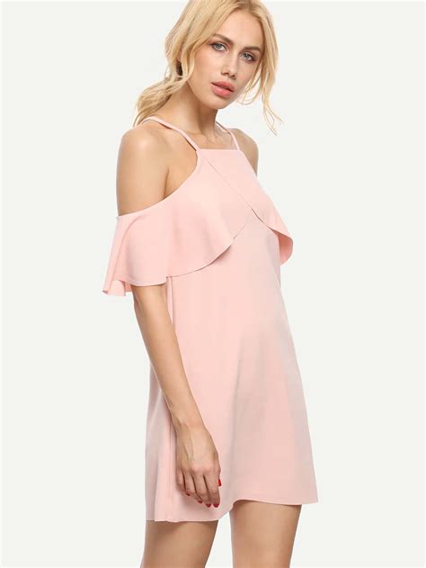 Pink Cold Shoulder Ruffle Sleeve Dress Sheinsheinside