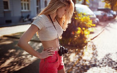 Wallpaper Women Outdoors Model Blonde Urban Red Dress Camera