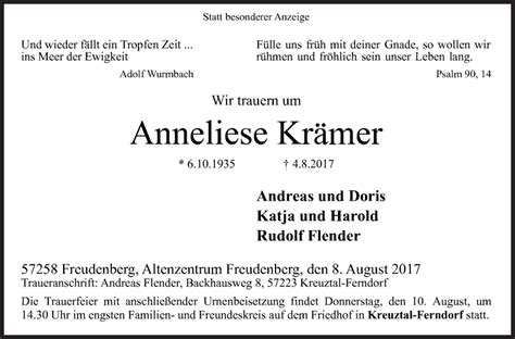 Traueranzeigen Von Anneliese Kr Mer Trauer De