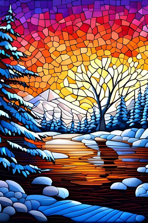 Stained Glass Snowy Winter Scene In 2024 Stain Glass Window Art Stained Glass Art Stained