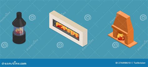 3D Isometric Flat Vector Set Of Fireplaces Stock Vector Illustration