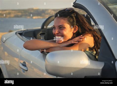 Brunette Woman In Car Stock Photo Alamy