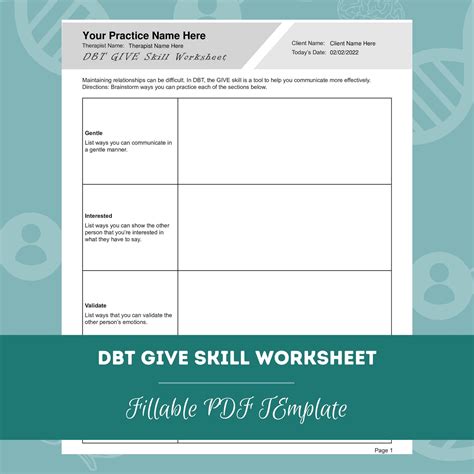 DBT GIVE Skill Worksheet Editable Fillable PDF Template For Counselors