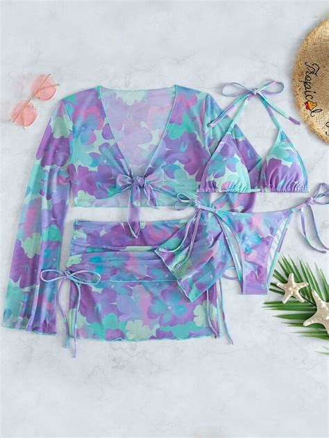 SHEIN Swim Vcay Watercolor Floral Print Bikini Set Halter Triangle Bra