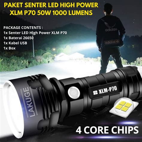 Jual Paket Lengkap Senter Led High Power Xlm P W Lumens Usb