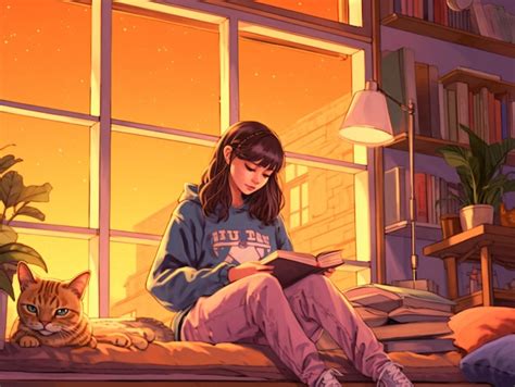 Adolescente leyendo un libro en su habitación con un gato lofi chica