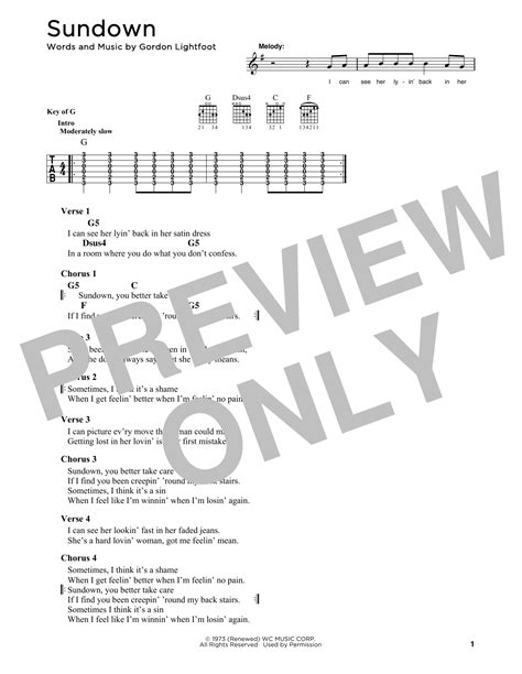 Sundown By Gordon Lightfoot Sheet Music For Guitar Chords Lyrics At