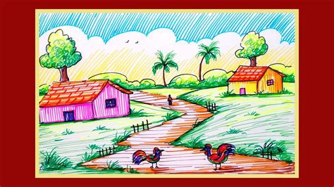 How To Draw Village Life Scenery Indian Village Scenery Drawing With