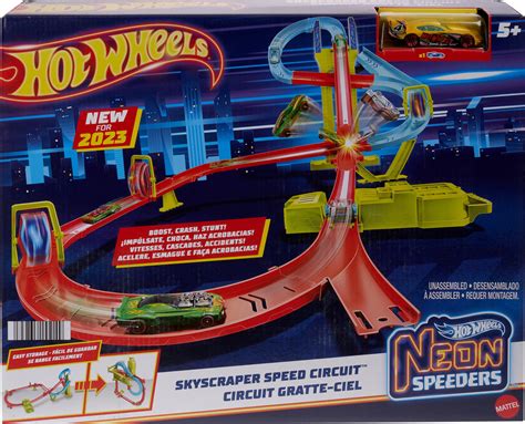 Hot Wheels Track Set, Neon Speeders Skyscraper Speed Circuit with 1 Hot ...