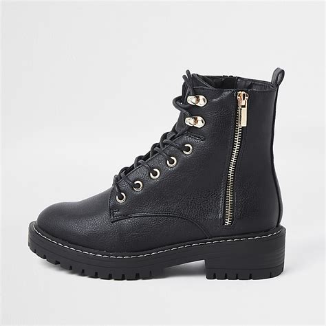 Black Faux Leather Lace Up Chunky Boots River Island