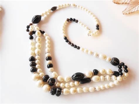 Pearl Black Bead Necklace Triple Strand Pearls Glamour Etsy