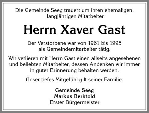 Traueranzeigen Von Xaver Gast Allg Uer Zeitung