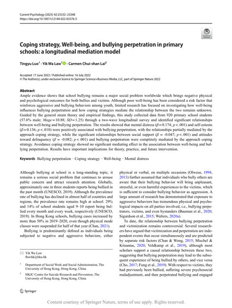 Coping Strategy Well Being And Bullying Perpetration In Primary