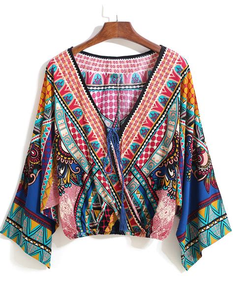 Multicolor V Neck Tribal Print Crop Blouse Sheinside Blusas De