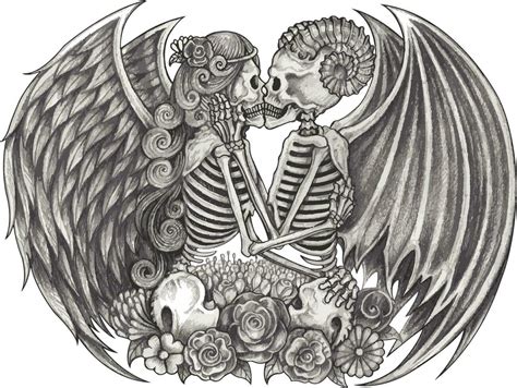 Couple Fantasy Devil And Angel Skulls Hand Drawing And Make Graphic