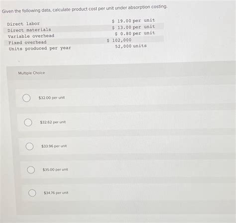 Solved Given The Following Data Calculate Product Cost