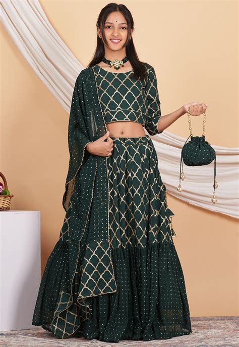 Buy Embroidered Georgette Layered Lehenga In Dark Green Online