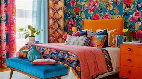 A Vibrant And Eclectic Bedroom With Bold Patterns Bright Colors And A