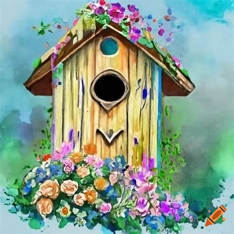 Digital Painting Watercolor Birdhouse Covered With Flowers Bird At