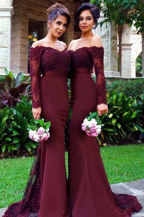 Maroon Lace And Spandex Long Sleeve Bridesmaid Dresses Vq