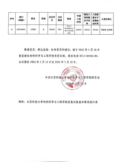 江苏科技大学材料科学与工程学院2022年上半年拟接收预备党员公示