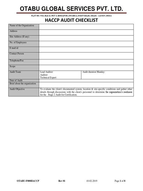 Haccp Audit Checklist | PDF