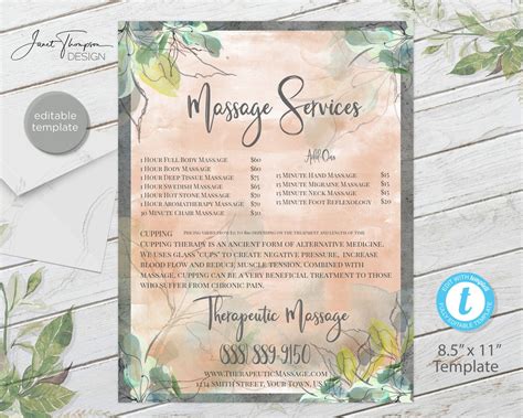 Massage Service Menu Salon Menu Custom Menu Diy Services Price List