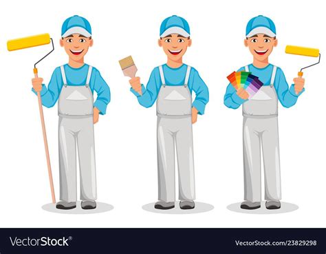 Painter Man Set Of Three Poses Decorator Cartoon Character Holding