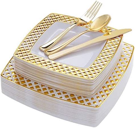 Wdf Pcs Gold Plastic Plates With Disposable Plastic Silverware