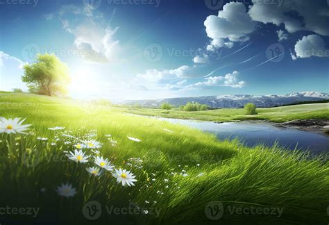 Beautiful Meadow Field With Fresh Grass And Yellow Dandelion Flowers In