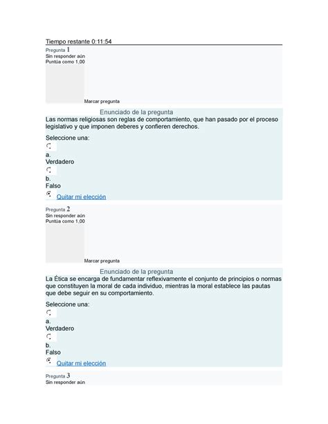 1 Evacion De Etica Evaluacion Tiempo Restante 0 11 Pregunta 1 Sin