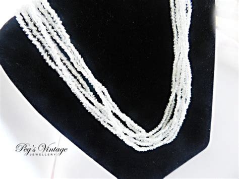 Vintage White Seed Bead Multi Strand Necklace Clear Gem