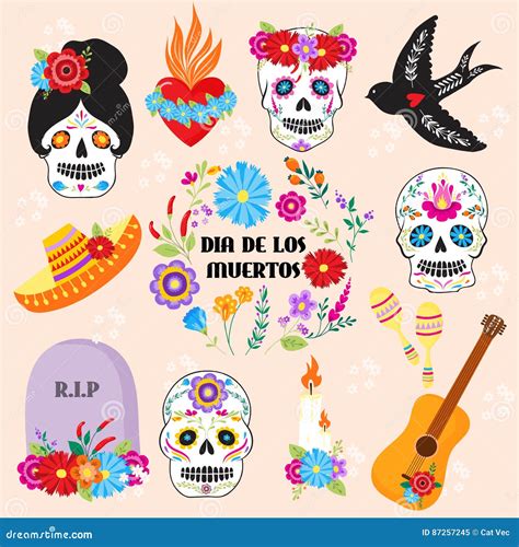 Colorful Symbols Dia De Los Muertos Holiday Day Of The Dead Vector