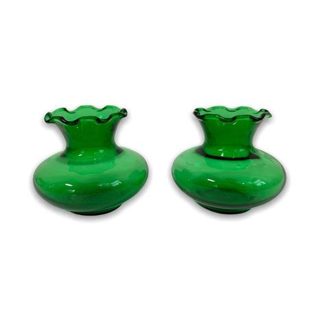 2 Vintage Anchor Hocking Green Ruffle Edge Short Glass Vases Set 2