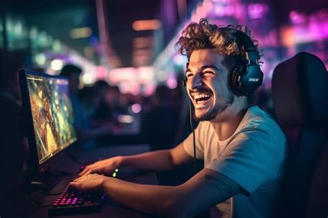 Premium Ai Image A Happy Gamer Man Wearing Headphones Is Using A