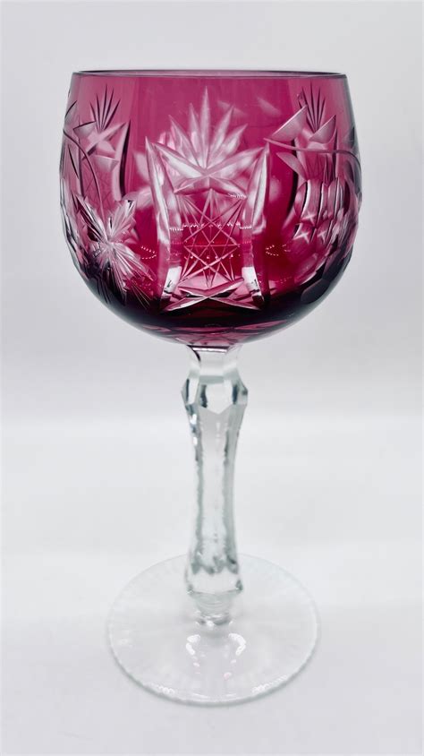 BOHEMIAN Crystal WINE GLASS Vintage Bohemian Hock Wine Glass Red Cut In