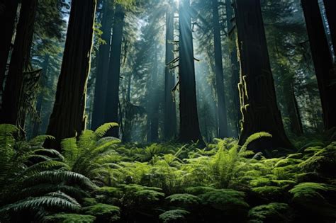 Premium AI Image Towering Redwood Forest Where Sunlight Filters